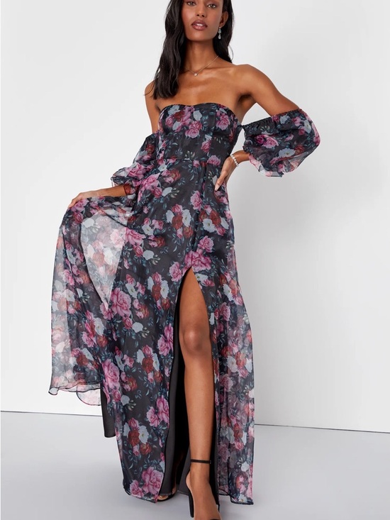 Lulus Dresses & Skirts - Lulus True Excellence Black Floral Bustier Off-The-Shoulder Gown